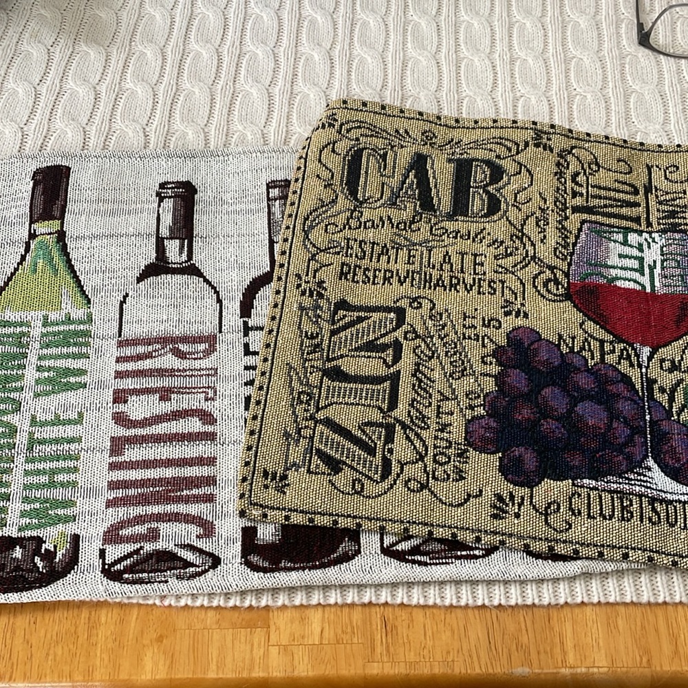 NWT wine themed placemats 2 in lot different styles. Tapestry grapes bottles cab